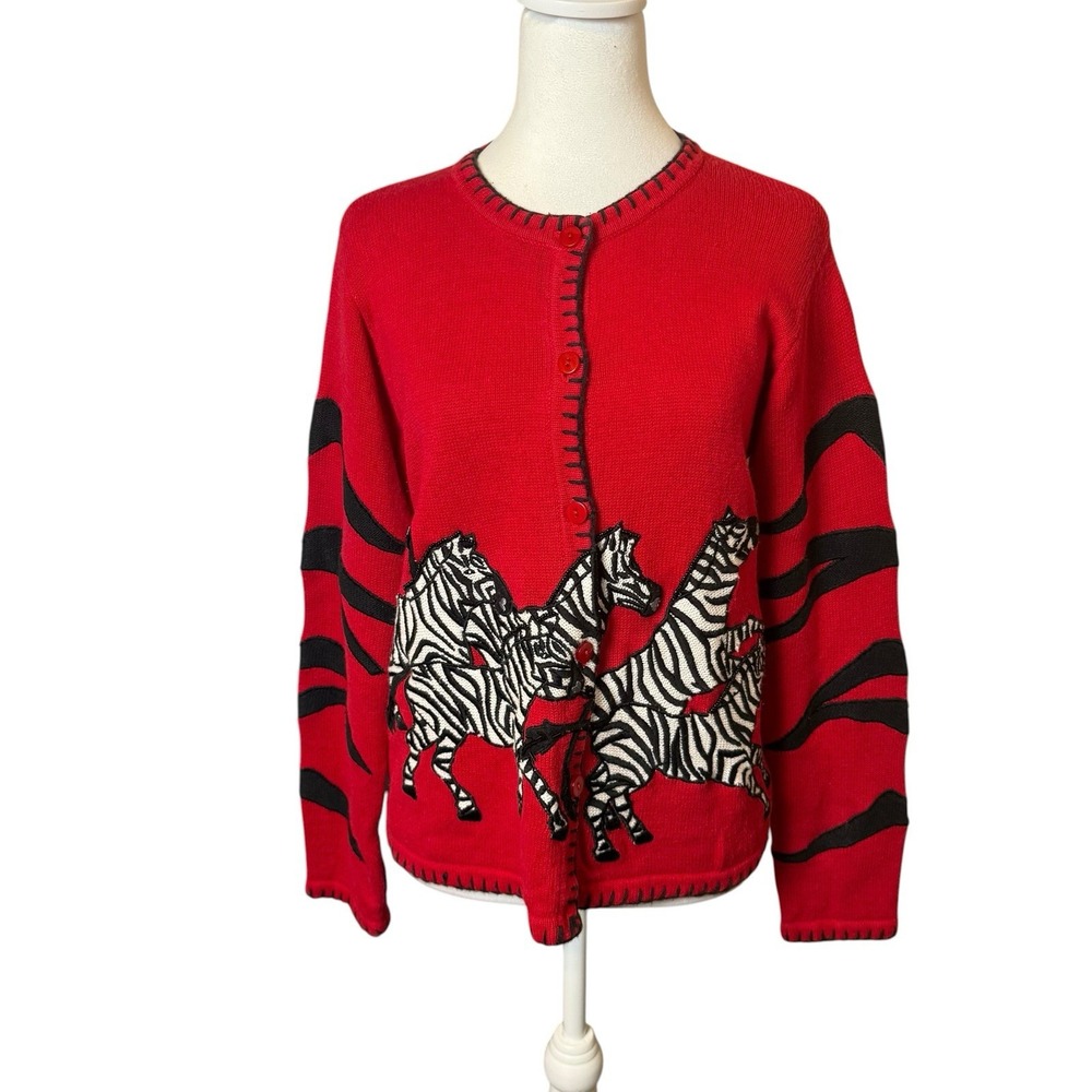 Vintage Ronnie Salloway Zebra Red Cardigan Size Small Maximalist Animals 90s
